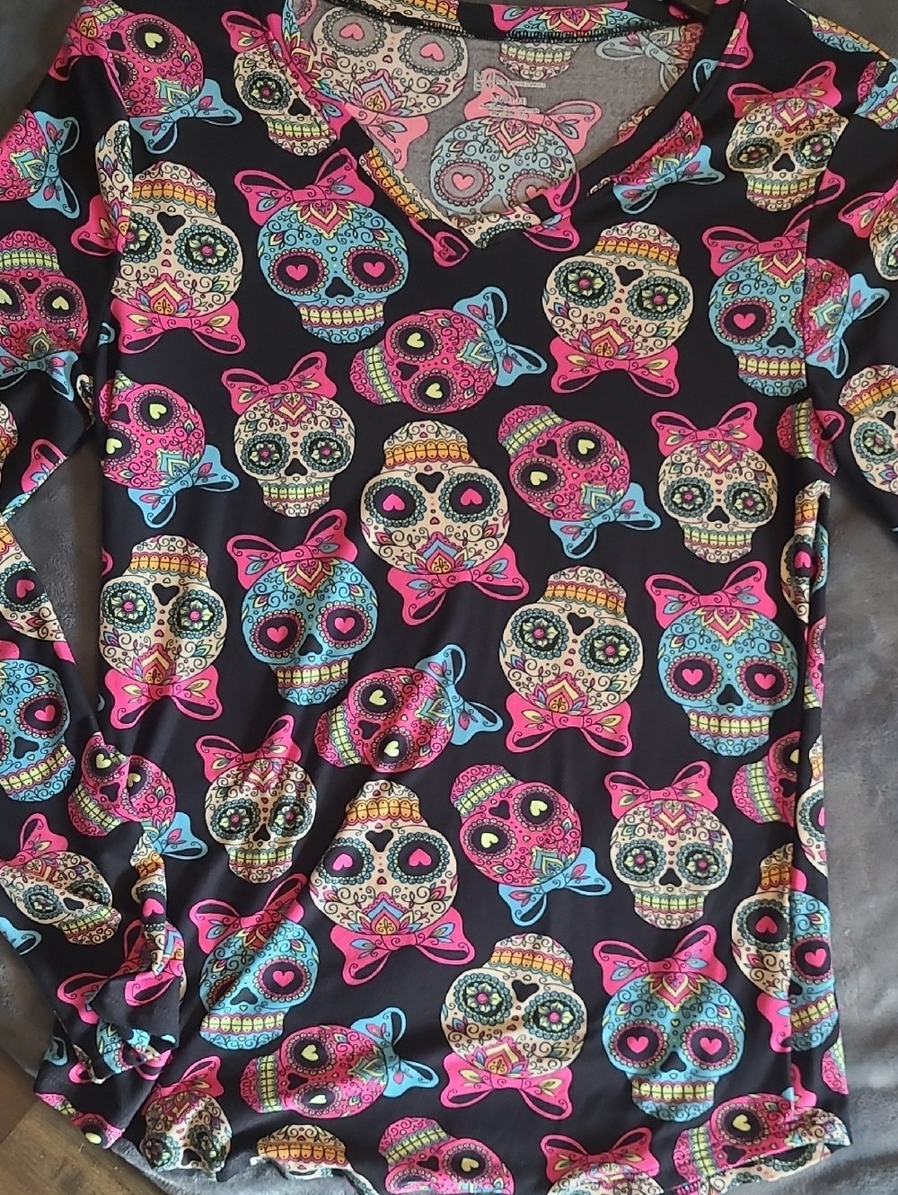 No Boundaries Black Top with Pink, Blue, Cream & Yellow Sugar Skull Motif